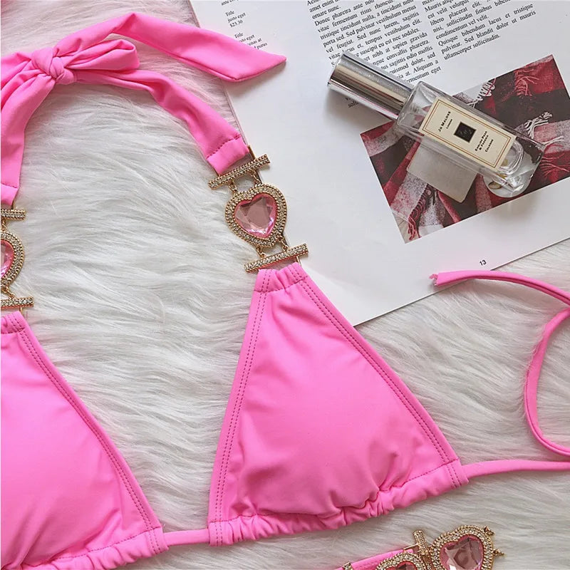 Pink Sexy Bikinis Swimsuit with Heart Rhinestones Women Swimwear Female Push up Bikini Beach Swim Wear Bathing Suits Pool Bather