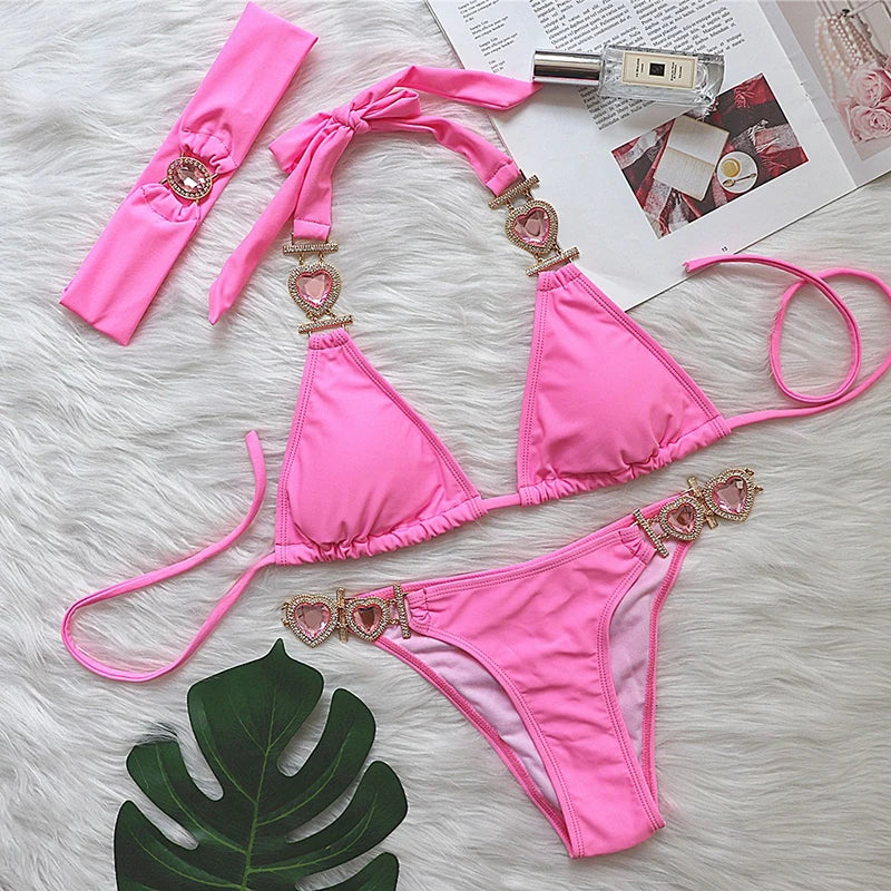 Pink Sexy Bikinis Swimsuit with Heart Rhinestones Women Swimwear Female Push up Bikini Beach Swim Wear Bathing Suits Pool Bather