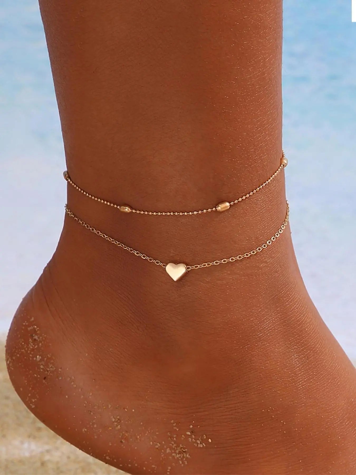 Women'S Heart Decorated Double Layered Anklet, Simple Heart Shaped Holiday Beach Style Multilayer Anklet, All-Match Body Jewelry for Women, Fashion Accessories