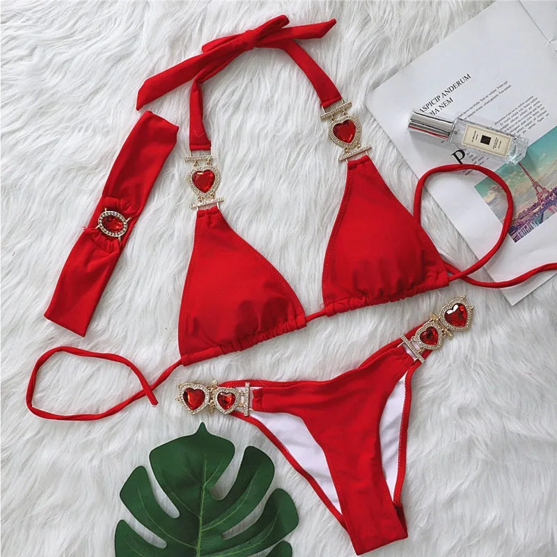 Pink Sexy Bikinis Swimsuit with Heart Rhinestones Women Swimwear Female Push up Bikini Beach Swim Wear Bathing Suits Pool Bather