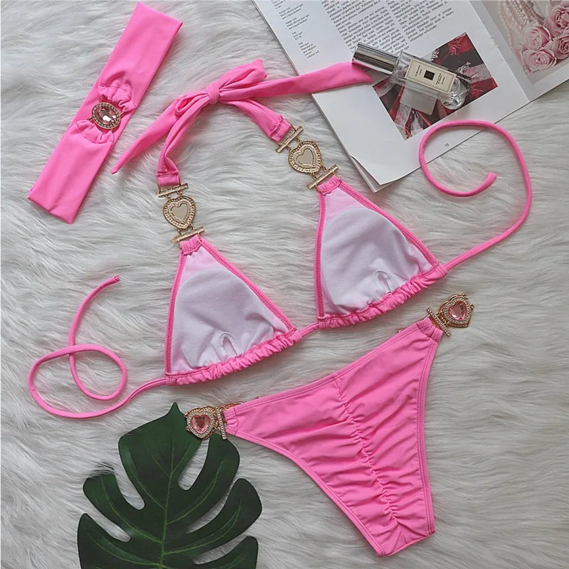 Pink Sexy Bikinis Swimsuit with Heart Rhinestones Women Swimwear Female Push up Bikini Beach Swim Wear Bathing Suits Pool Bather