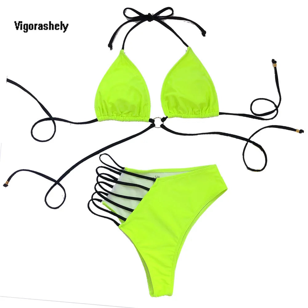 Vigorshely Sexy High Waist Swimwear Women String Bikini Set 2026 Halter Swimsuit Female Brazilian Biquini Bathing Suit Swim Wear