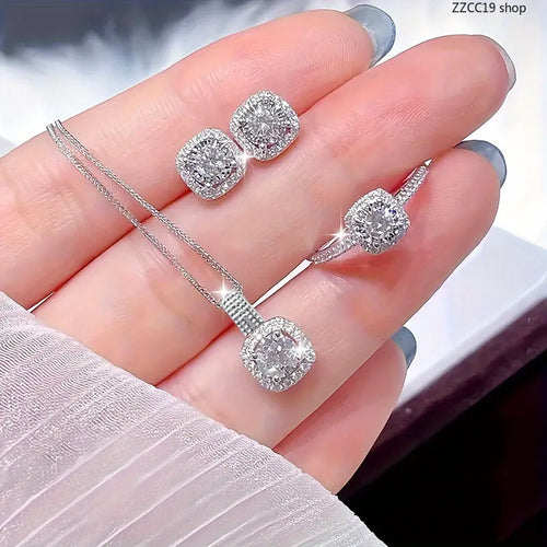 Elevate Your Elegance: 3-Piece Bridal Halo Jewelry Set with CZ Crystal Necklace, Earrings, and Ring